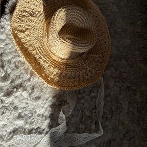 Aerie Tan Straw Hat with Lace Ribbon